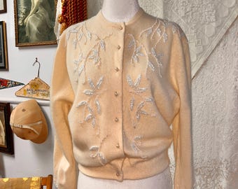 Vintage 1950's Fuzzy Angora Blend Cardigan w/Beaded Floral Detail