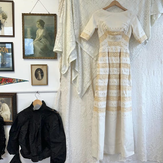 Vintage 1960's Ivory Linen Gown W/ Crochet Lace Panels - Main Image