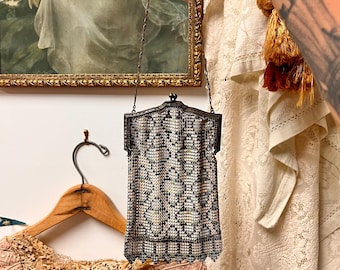 Antique 1920's Whiting & Davis Mesh Purse - Art Deco Enamel Bag w/ Geometric Floral Design