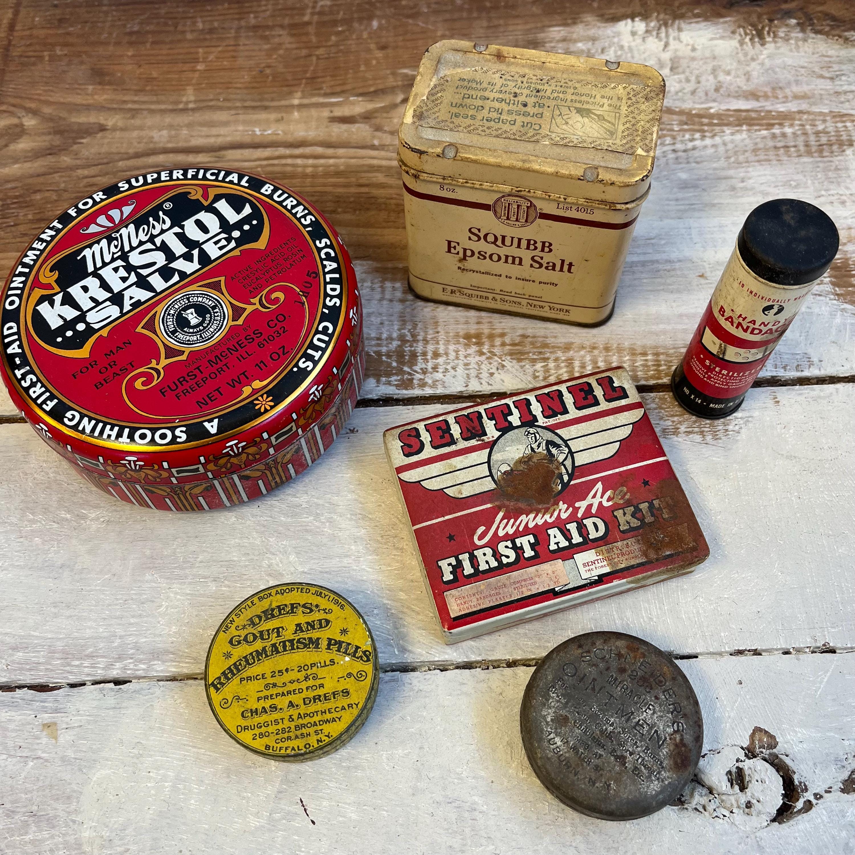 Antique 1920's Tin Lot - Assortment of Old Health Kits + Essentials