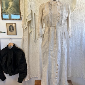 Antique 1910&#39;s French Linen + Crochet Lace Dress/Duster