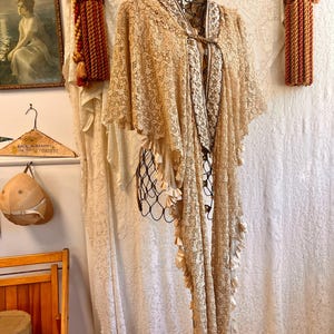 Antique Victorian Lace + Silk Mantle/Shawl w/Metallic Thread Detail