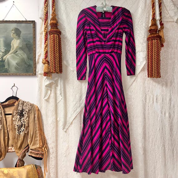 Vintage 1970's Chevron Bodice Long Sleeve Vintage Dress - Edwardian Revival