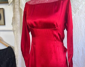Antique 1930&#39;s Red Silk + Lace Bias Cut Gown