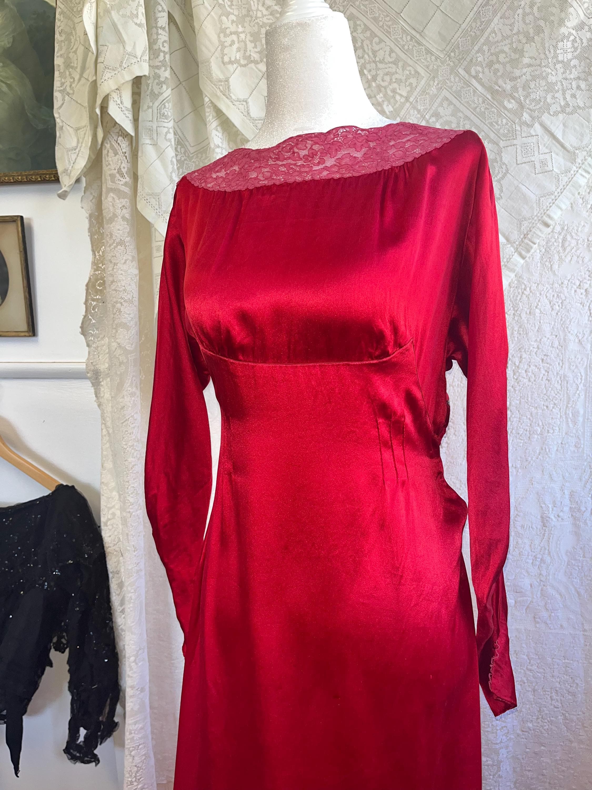 Antique 1930's Red Silk + Lace Bias Cut Gown