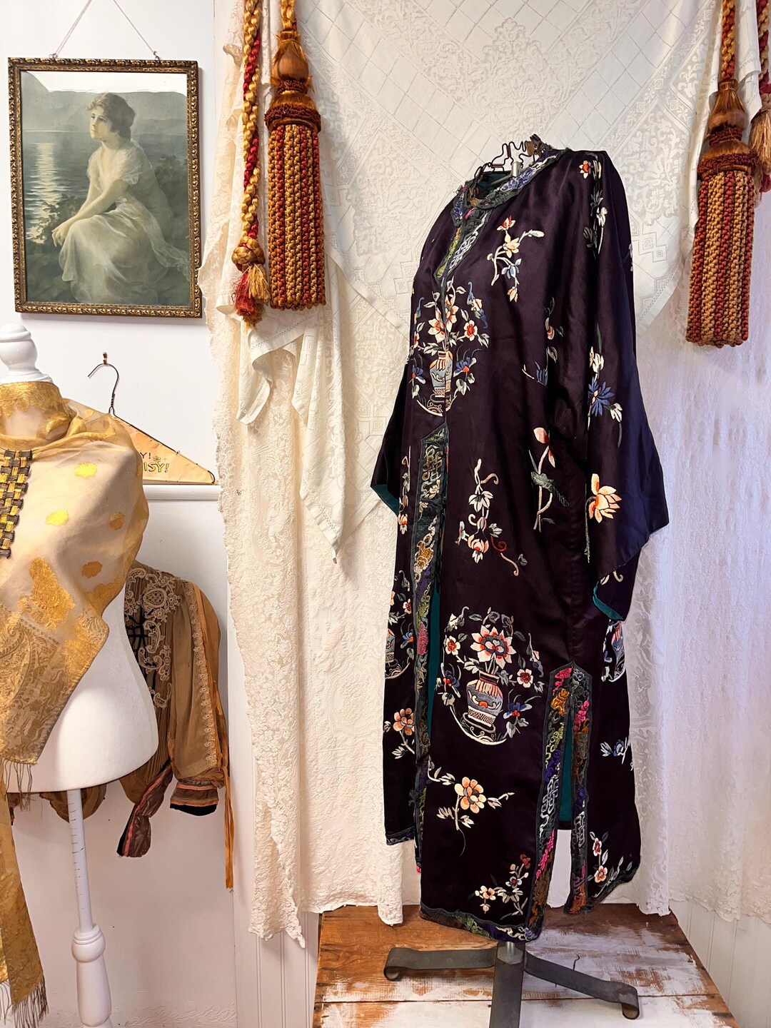 Antique 1900's Chinese Silk Embroidered Robe W/ Floral & Auspicious ...