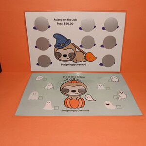May include: Two printable Halloween themed sloth budget trackers. The first tracker is titled "Asleep on the Job" and has a sloth wearing a witch hat and holding a broom. The second tracker is titled "Roll the Dice" and has a sloth holding a pumpkin. Both trackers have spaces for stickers or coins.