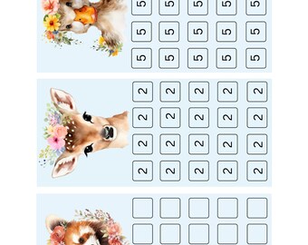 May include: Printable budgeting worksheet with three sections featuring watercolor illustrations of a duck, a deer, and a red panda. Each section has a grid of boxes with numbers 2 and 5 for tracking expenses.