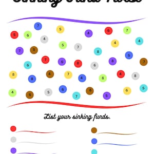 May include: A white graphic with the text "Sinking Fund Twist" in black script. Colorful circles with numbers are scattered across the top. Below, the text "List your sinking funds" appears above colored lines.