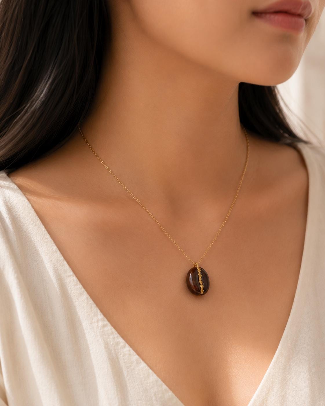 Real Kona Coffee Bean Necklace: Gold Foil Resin Pendant, Handmade