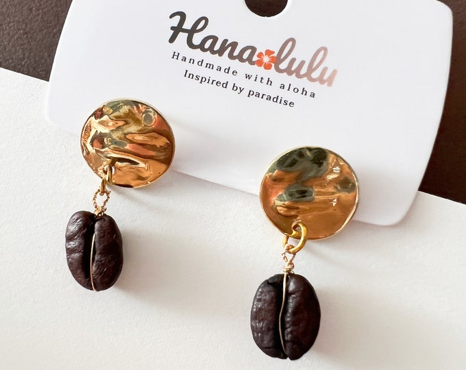 Real coffee bean gold earrings, minimalist dangle earrings, botanical jewelry, gift for coffee lover, barista gift, coffee accessories