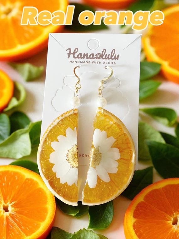 Handmade Real Orange Slice Daisy Resin Earrings Dried Fruit