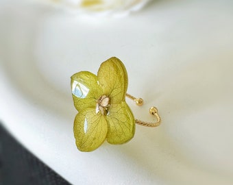 Real Hydrangea Flower Ring: 14k Gold Plated Adjustable Botanical Resin Jewelry