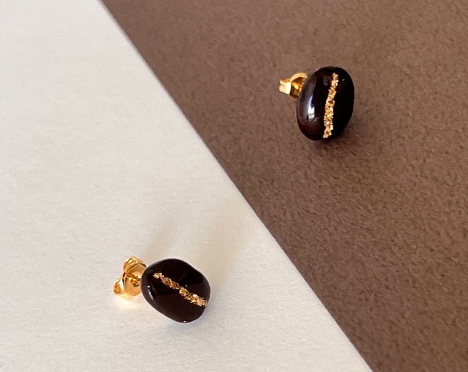 Handmade Kona Coffee Bean Stud Earrings: 18k Gold, Botanical Jewelry