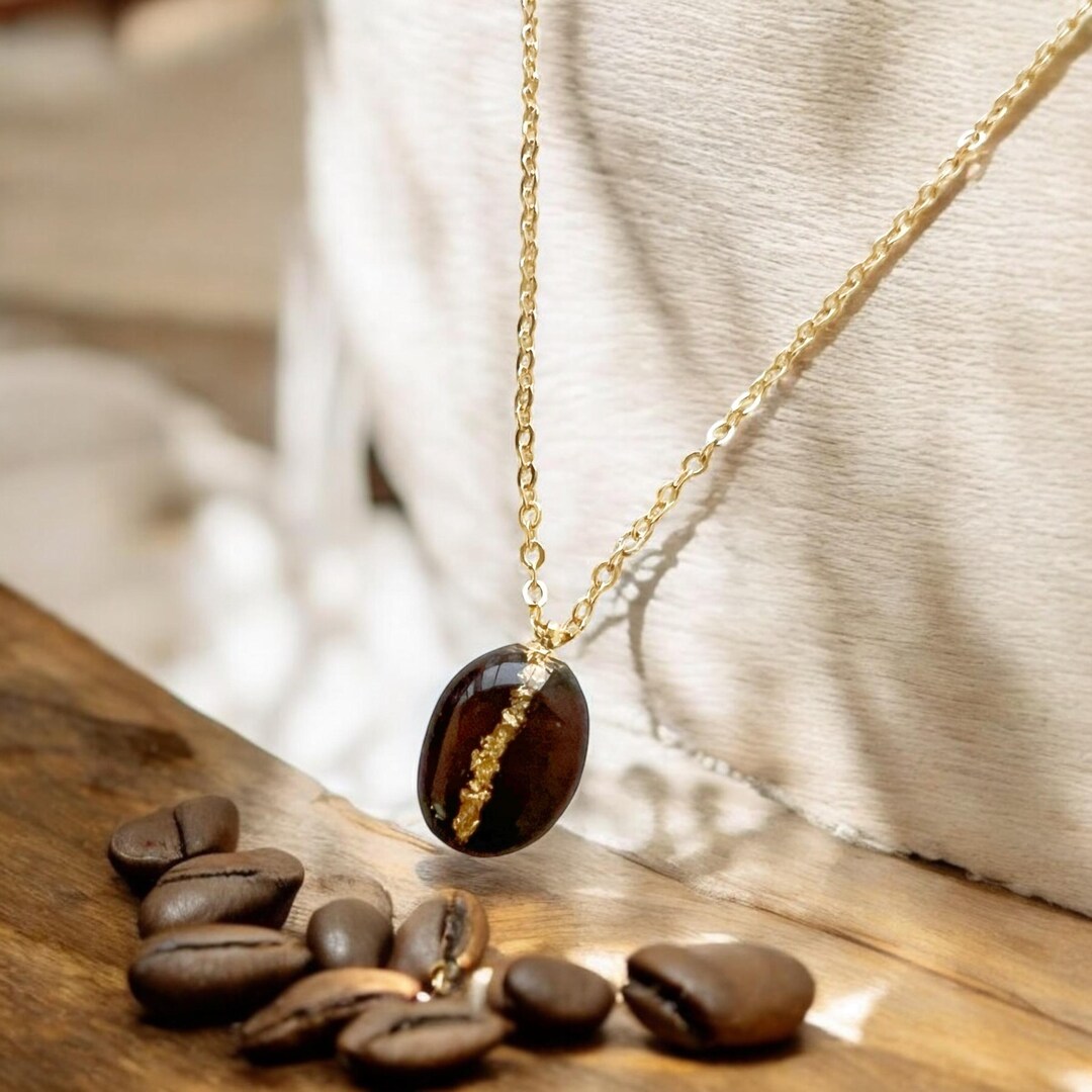 Real Kona Coffee Bean Necklace: Gold Foil Resin Pendant, Handmade