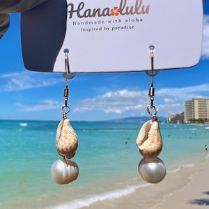 Gold Seashell Dangle Earrings: Freshwater Pearl Mermaid Jewelry