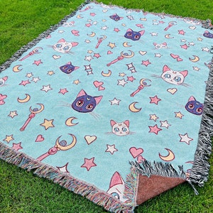 Sailor Moon Handmade Woven Tapestry Blanket - 100% Cotton - Made in the USA - Artemis & Luna - Anime Blanket - All Season