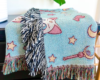 Sailor Moon Handmade Woven Tapestry Blanket - 100% Cotton - Made in the USA - Artemis & Luna - Anime Blanket - All Season