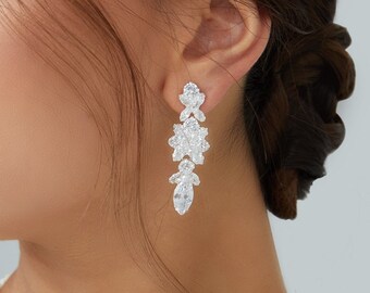 Crystal bridal earrings Clear drop diamond cut earrings Round Halo Cubic Zirconia silver long dangle earrings, Rhinestone wedding jewelry