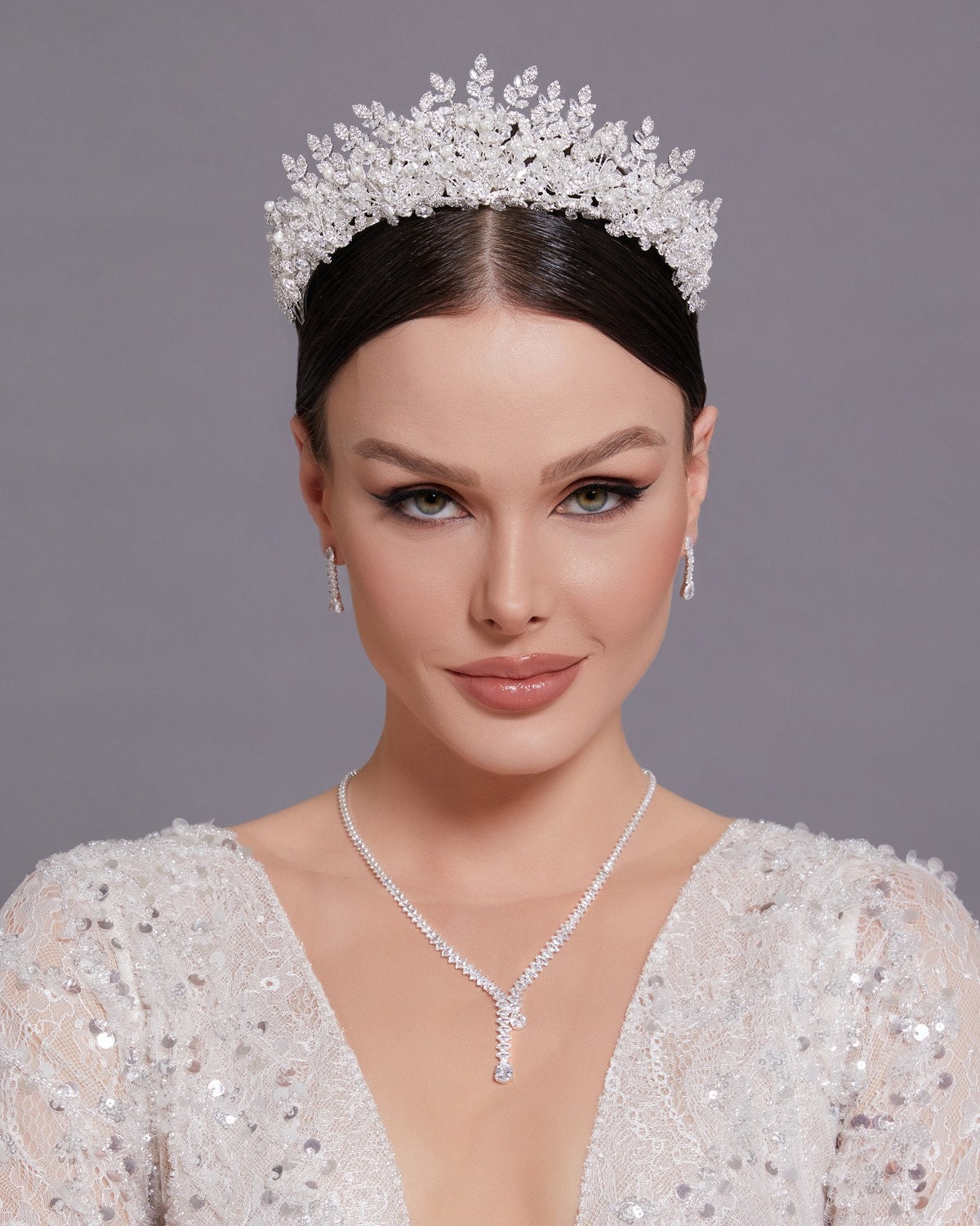 Queen Crown Tiara Silver Flower Leaf Pearl Crystal Headband Tiara - Wedding, Prom, Princess, Queen Crown For Adults Pearl Tiara - Foto 2