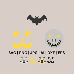 3 ハロウィーン SVG コウモリ、怖い顔、ジャック・オー・ランタン、クリカットとシルエット用の SVG ファイル、ハロウィーン カット ファイル png、dxf、eps、jpg