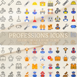 May include: A set of 300 professional icons in line, flat, and outline-colored styles. The icons depict various professions, including construction workers, chefs, doctors, and more. The icons are available in SVG and PNG formats.