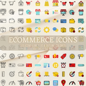 300 Ecommerce icons bundle, ecommerce icon pack, Icons in line , flat and outline-colored style, icon svg, icon png, Clipart icons