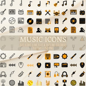 Paquete de 300 iconos de música, conjunto de iconos, icono de música en línea, estilo plano y de color de contorno, icono svg, icono png, iconos de imágenes prediseñadas