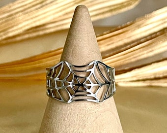 Bague en acier inoxydable pas chère tendance couleur argent ajustable à la mode toile d'araignée