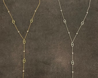Lange Edelstahl-Halskette, verstellbar, günstig, trendige Gold- oder Silberfarbe, modische Strasssteine, die glänzen, Y-Halskette aus marineblauem Mesh