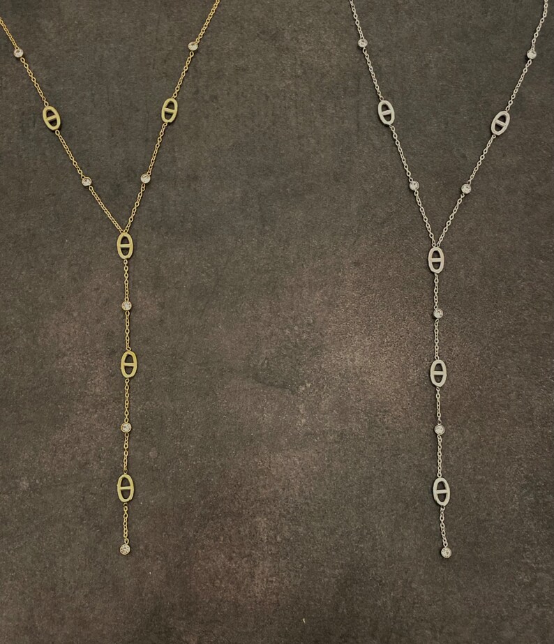 Lange Edelstahl-Halskette, verstellbar, günstig, trendige Gold oder Silberfarbe, modische Strasssteine, die glänzen, Y-Halskette aus marineblauem Mesh Bild 2