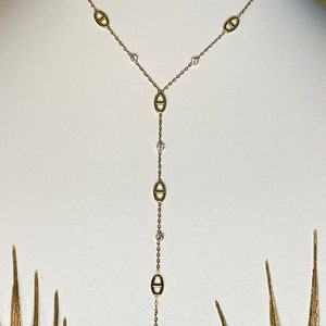 Lange Edelstahl-Halskette, verstellbar, günstig, trendige Gold oder Silberfarbe, modische Strasssteine, die glänzen, Y-Halskette aus marineblauem Mesh Bild 4