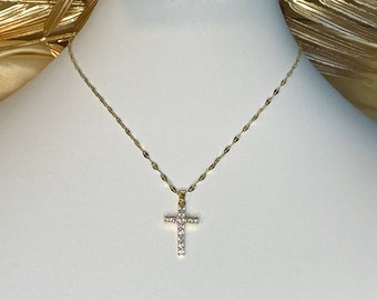 Cheap adjustable stainless steel cross necklace trendy gold color that shines with rhinestones
