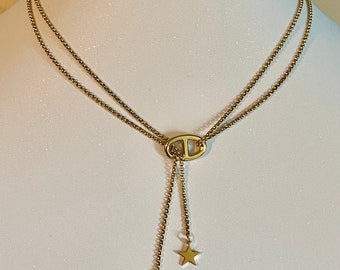 Cheap adjustable stainless steel necklace trendy gold or silver color Y necklace navy mesh rain of stars double chain