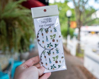 Houseplant Pattern Car Coasters, Cute Car Accessories, Set of 2