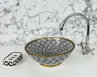 Maßgeschneidertes Keramik-Badezimmerwaschbecken für den Waschtisch – Aufsatzwaschbecken mit Rand aus gebürstetem Messing – schwarzes Waschbecken mit Abfluss aus Messing im Lieferumfang enthalten