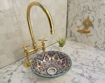 Round Modern Bathroom Vessel Sink Hand painted & Handmade Ceramic Bowl Sink for Bathroom Cabinet - Eco-Friendly Bathroom Vanity Centerpiece