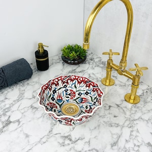 Round Modern Ceramic Basin Bowl for Bathroom Vanity Centerpiece - Hand Painted Porcelain Hand Wash Basin - Moroccan Bathroom Vessel Sink