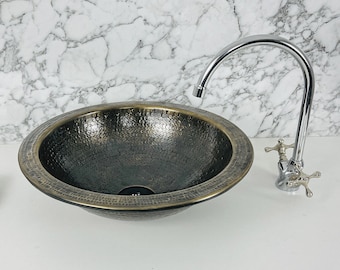 Handmade Brushed Brass Bathroom Sink, Hammered Copper Above Counter Moroccan Vessel Bowl Basin - Round Counter Top Wash Basin.