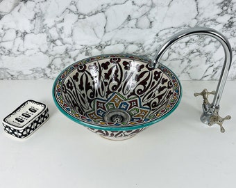 Round Modern Bathroom Sink Vanity, Handmade Moroccan Bowl Sink - Undermount Ceramic Vessel Sink for Bath Decor With Free Brass Drain