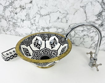 Modern Bathroom Sink with Brushed Brass Rim - Custom Made Black Ceramic Sink for Bathroom Vanity - Handmade Bowl Sink with Free Brass Drain