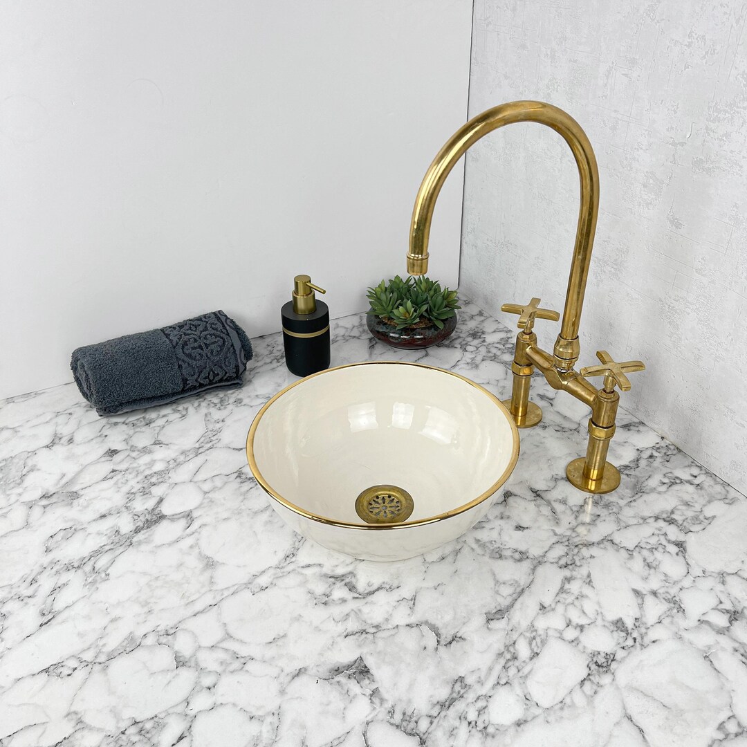 White Ceramic Bathroom Sink Vanity With 14K Gold Rim Edge - Handmade ...
