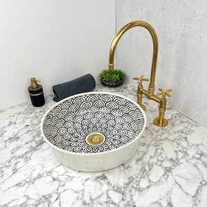 Round Black & White Ceramic Vessel Sink Vanity - Handmade Moroccan Wash Basin - Countertop Bathroom Sink - Porcelain Ceramic Basin Artistry
