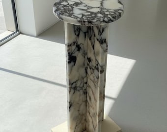 Calacata Marble Side Table | Round Marble Coffee Table | Cross Base Pedestal Table | Italian Marble Accent Table | Modern Living Room Decor