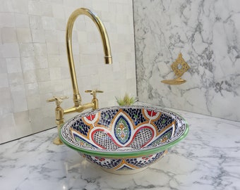 Handgefertigtes Badezimmer-Waschbecken aus Keramik im Mid-Century-Modern-Stil – marokkanische Keramik-Waschbeckenschale für Badezimmer-Dekor, Handwaschbecken