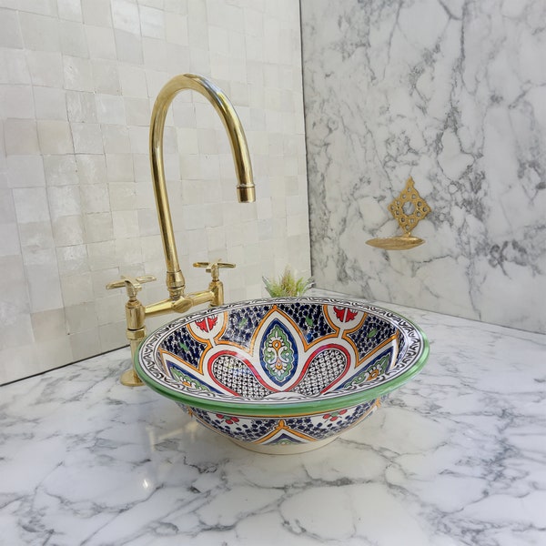 Handmade Ceramic Bathroom Vessel Sink in Mid Century Modern Style - Moroccan Pottery WashBasin Bowl for Bath Decor Wash Hand Sink