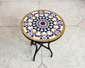 Round Patio Outdoor Side Table - Dining Room Table - Modern Mid Century Coffee Table - Moroccan Mosaic Table - Outside Bistro Table