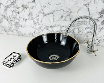 Modern Black Bathroom Vessel Sink, Ceramic Sink - 14K Gold Rim Edge Lavatory Sink, Handmade Moroccan Hand Wash Basin for Bathroom Cabinet