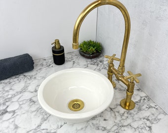 Lavabo de tocador de baño blanco personalizado - Encimera redonda de cerámica para lavabo de mano - Lavabo de porcelana para gabinete de baño