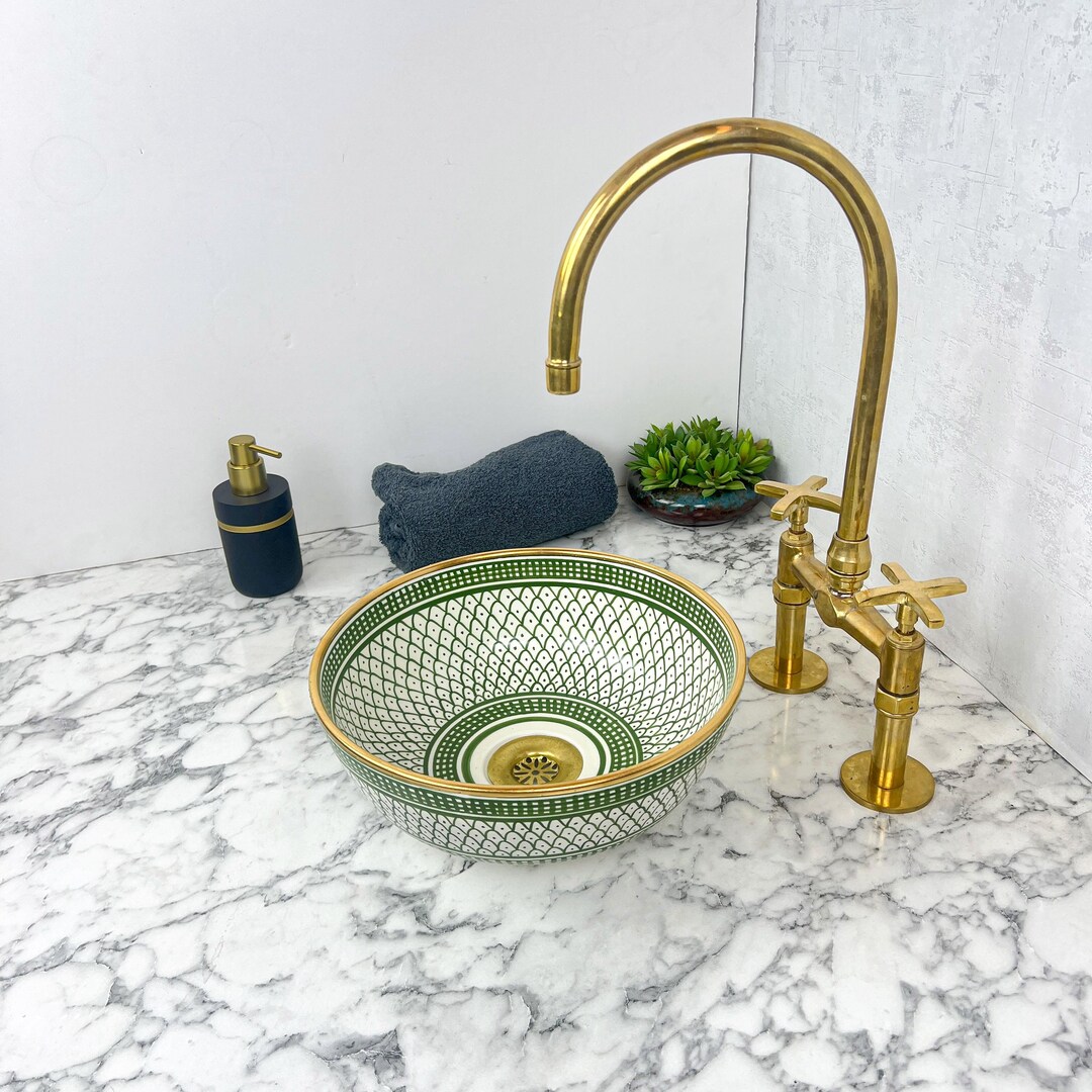 Small Bathroom Sink With 14K Gold Rim Edge - Green Ceramic Vessel Sink ...